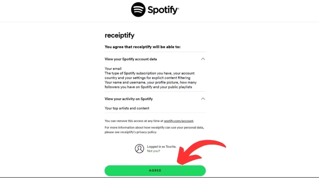Spotify permissions screen asking the user to allow Receiptify to access their streaming data.
