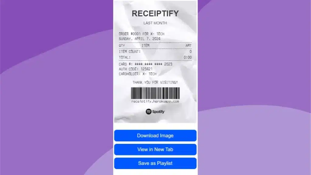 An example of a Receiptify music receipt, formatted like a store receipt, listing the user's top-played tracks over a chosen timeframe